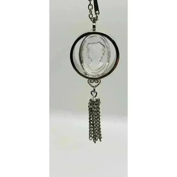 Vintage Clear Glass Cameo Intaglio Reverse Carved pendant double necklace Tassle - Picture 6 of 8